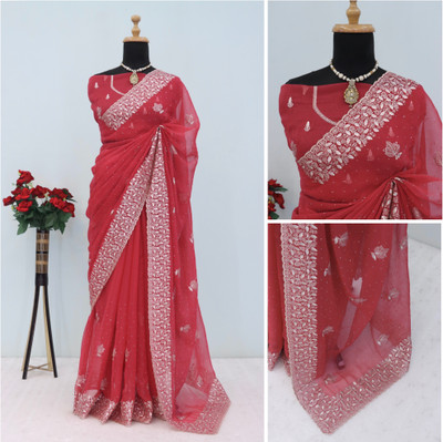 greeva enterprise Embroidered Bollywood Organza Saree(Red)
