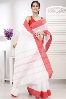 PuJoy Solid/Plain, Woven Tant Pure Cotton Saree(White, Red)