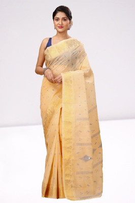 Priyongboda Woven Jamdani Handloom Cotton Blend Saree(Beige)
