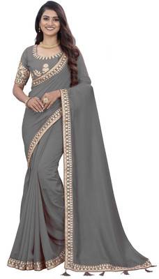 Mactos Embroidered Bollywood Silk Blend Saree(Grey)