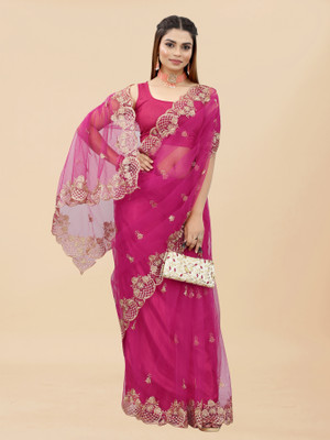 Barkiya Creation Embroidered Bollywood Net Saree(Pink)