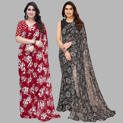 kashvi sarees Printed Daily Wear Georgette Saree(Pack of 2, Red, Black)