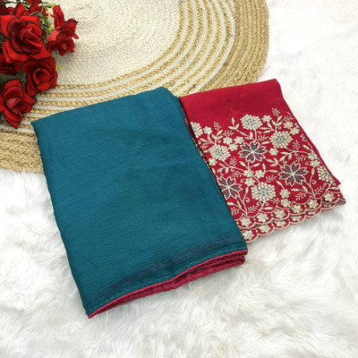 Tradivibe Solid/Plain Bollywood Chiffon Saree(Dark Blue)