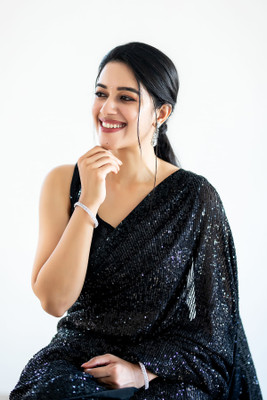 Anjani Textile Embroidered, Embellished Bollywood Georgette Saree(Black)