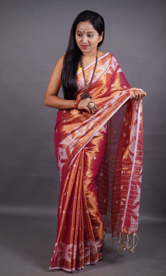 ANU INDIAN FASHION Woven Handloom Cotton Blend Saree(Red)