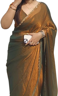 JENYA STORE Solid/Plain Saree with Attached Blouse Chiffon Saree(Gold)