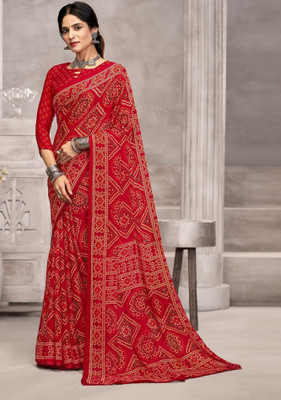 Sudarshana Geometric Print Bandhani Chiffon Saree(Red)