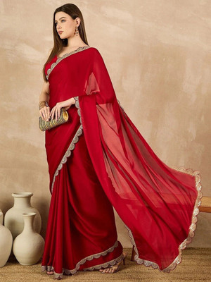 RAJESHWAR FASHION Solid/Plain Bollywood Chiffon Saree(Red)