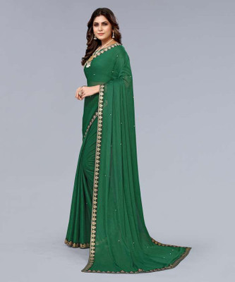 Anugrah Textile Printed Banarasi Lycra Blend, Chiffon Saree(Green)