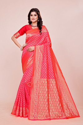 DHAYNAAND REEWA FASHION Floral Print, Woven, Embellished Kanjivaram Tussar Silk, Jacquard Saree(Pink, Gold)