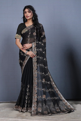 Anjani Textile Embroidered Bollywood Tussar Silk Saree(Black)