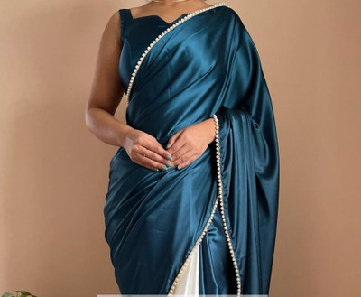 JAY BHAGATBAPA CREATION Solid/Plain Bollywood Satin Saree(Blue)