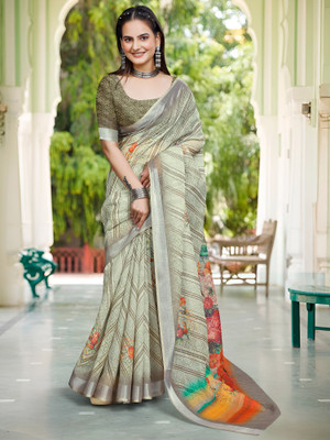 Anouk Rustic Digital Print Hand Batik Cotton Linen Saree(Light Green)