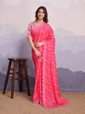 RekhaManiyar Striped Bollywood Chiffon Saree(Pink)