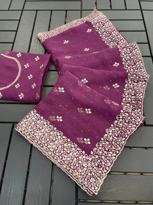 MIYANIFAB Embroidered Bollywood Organza Saree(Purple)
