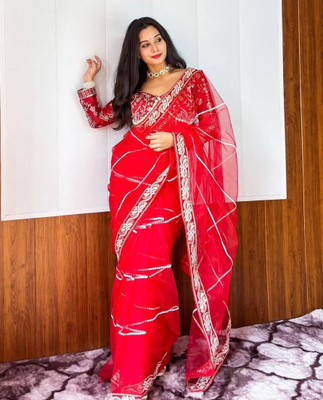 Tasrika Embroidered Bollywood Net Saree(Red)