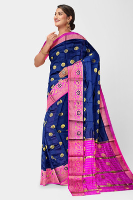 Doroly Digital Print Banarasi Cotton Silk Saree(Dark Blue)