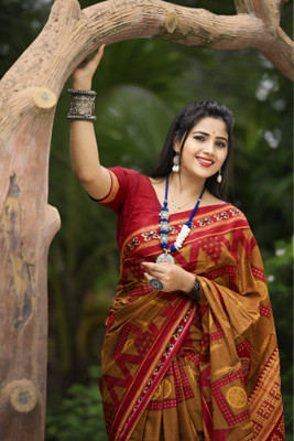 ETHNIC ODISHA HANDLOOM Printed Sambalpuri Pure Cotton Saree(Brown)