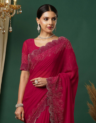 Samah Embellished, Dyed Bollywood Georgette Saree(Red, Silver)