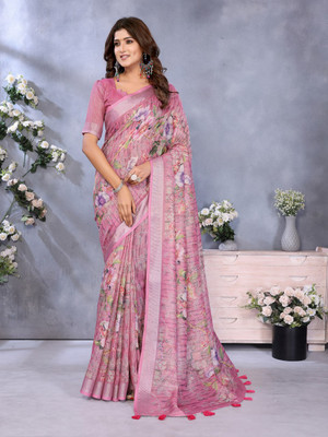BINAKA FASHION Digital Print Daily Wear Jacquard, Cotton Linen Saree(Pink)