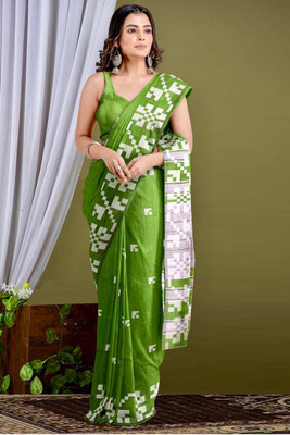 Roy saree center Geometric Print, Printed Handloom Pure Cotton Saree(Green)