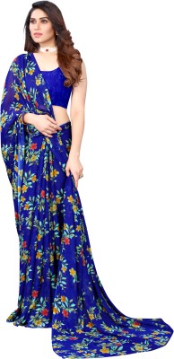 VJ FASHION Printed Daily Wear Georgette Saree(Dark Blue)