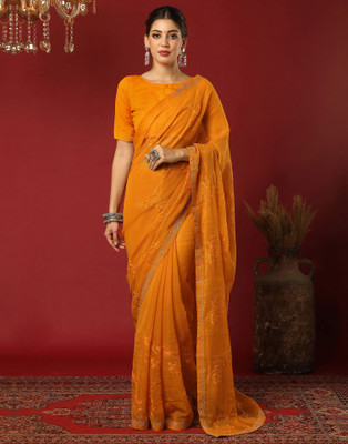Samah Embroidered Bollywood Chiffon Saree(Yellow)