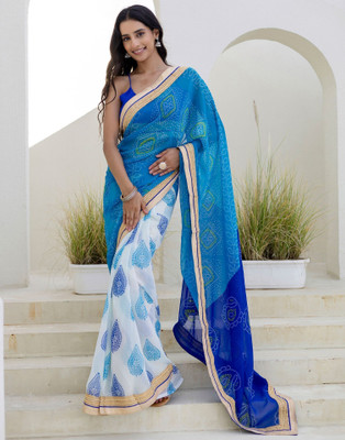 Samah Printed Bandhani Georgette, Chiffon Saree(Blue, White, Multicolor)