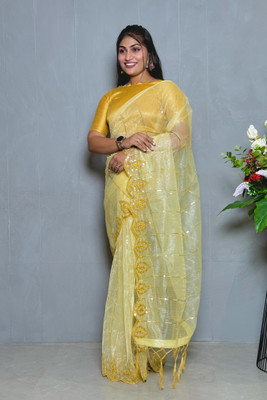 JP STORESS Embroidered Bollywood Net Saree(Yellow)