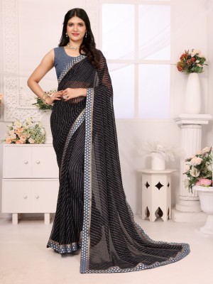 sareya veela Striped, Embellished Bandhani Georgette Saree(Black)