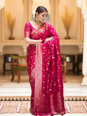 looknchoice Woven Banarasi Pure Silk, Art Silk Saree(Pink)