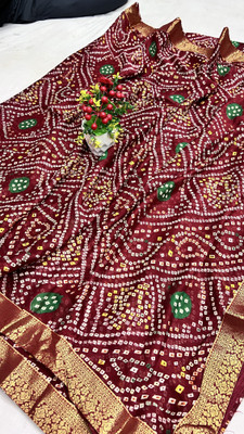 HouseOfCommon Printed, Self Design Bandhani Chiffon, Crepe Saree(Maroon)