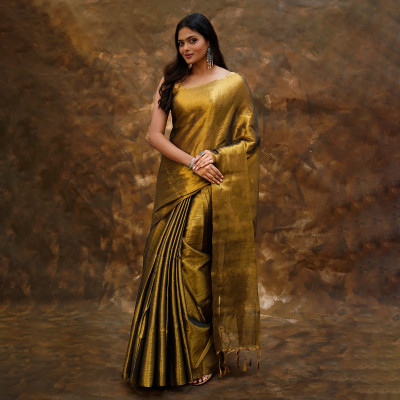 Teejh Solid/Plain Bollywood Tissue Saree(Gold)
