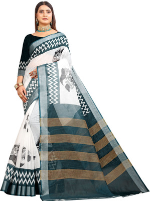 HangerStories Printed Kanjivaram Pure Cotton, Cotton Linen Saree(White, Black)