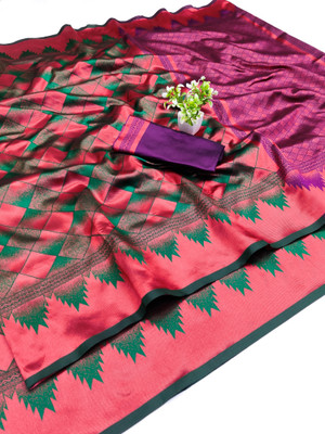 INITHI Woven Kanjivaram Silk Blend Saree(Green, Pink)