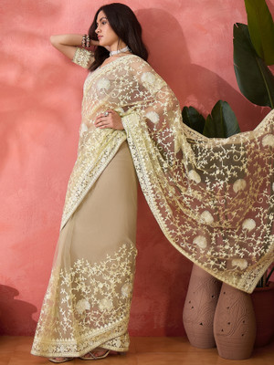 Sangria Embroidered Saree with Attached Blouse Net Saree(Yellow)