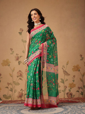 SILK ZONE Digital Print Chanderi Cotton Blend Saree(Green)