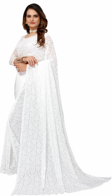 Saadhvi Floral Print Bollywood Net Saree(White)