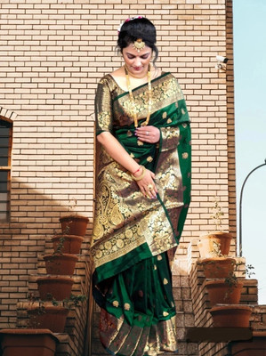 Pdfabrics Floral Print Kanjivaram Pure Silk Saree(Dark Green)