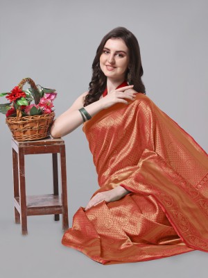 MIRCHI FASHION Woven Banarasi Silk Blend Saree(Red, Gold)