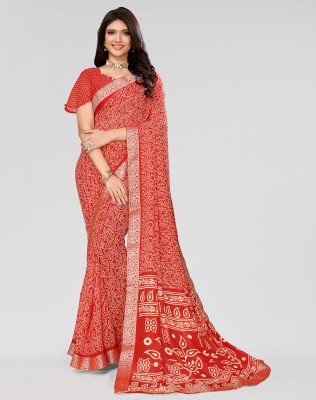 ANIRAV Floral Print Bollywood Georgette, Lace Saree(Red)