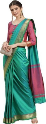 Arriva Fab Solid/Plain Banarasi Cotton Silk Saree(Green, Pink)