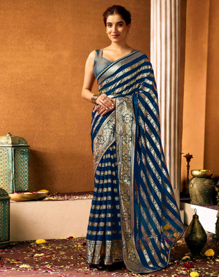 SIRIL Striped Kanjivaram Georgette Saree(Blue)