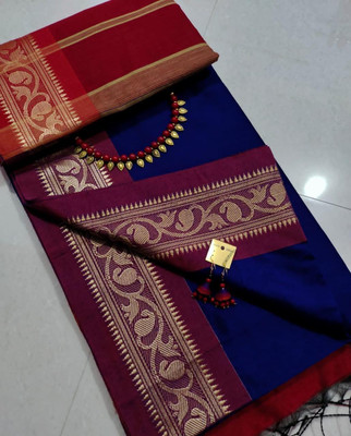BiswasTextiles Self Design Handloom Cotton Blend Saree(Dark Blue)