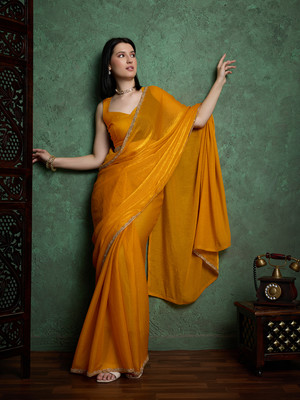 Dhimahi Solid/Plain Bollywood Chiffon Saree(Yellow)