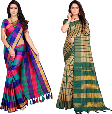 Shaibo saree Checkered Bollywood Cotton Silk Saree(Pack of 2, Multicolor)