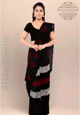 vaishnavi handicrafts Blocked Printed, Color Block, Floral Print, Printed Bollywood Pure Cotton Saree(Maroon, Black)