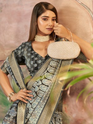 Sareemall Printed Paithani Silk Blend Saree(Grey)