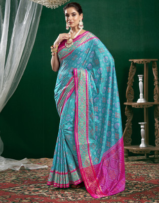 all about you Self Design, Woven Patola Silk Blend Saree(Blue, Magenta)