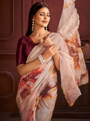 Tasrika Printed Bollywood Organza Saree(Cream)